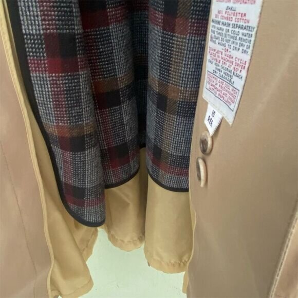 London Fog Trench Coat Size 10 Beige Plaid Double-Breasted - Picture 10 of 12